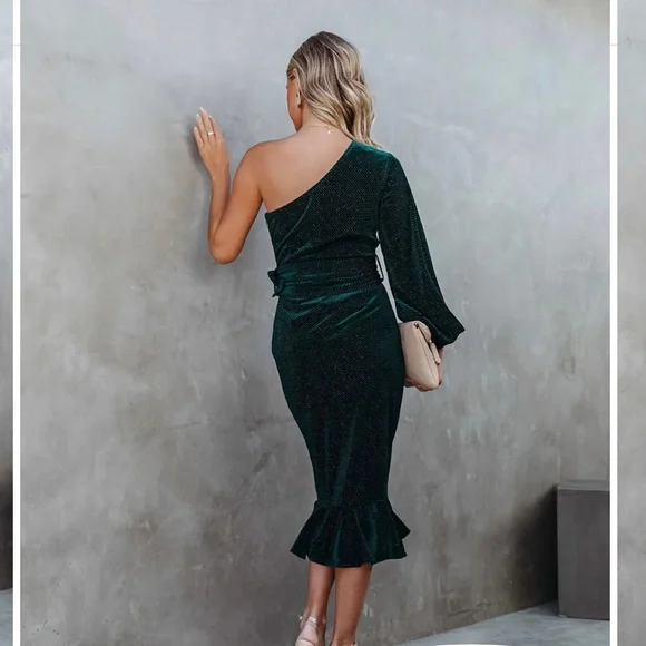 VICI one shoulder velvet dress with sparkly accent thread & belt - Picture 3 of 3